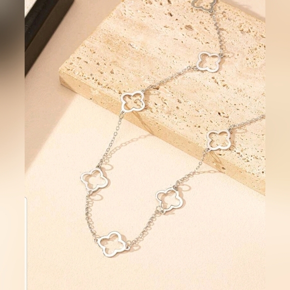 Four Leaf Clover Silver   Long  Necklace - Picture 3 of 4
